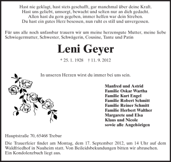 Traueranzeige von Leni Geyer von Rüsselsheimer Echo, Groß-Gerauer-Echo, Ried Echo