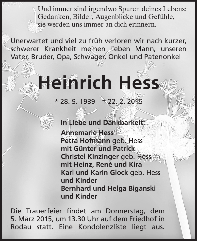  Traueranzeige für Heinrich Hess vom 02.03.2015 aus Echo-Zeitungen (Gesamtausgabe)