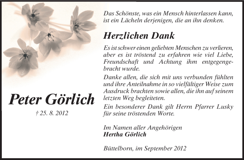  Traueranzeige für Peter Görlich vom 15.09.2012 aus Rüsselsheimer Echo, Groß-Gerauer-Echo, Ried Echo