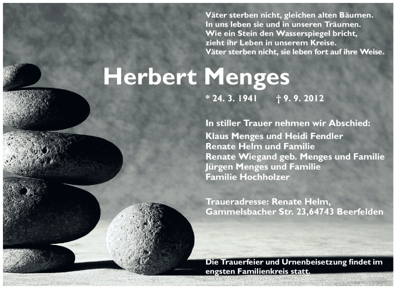  Traueranzeige für Herbert Menges vom 15.09.2012 aus Odenwälder Echo