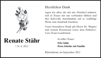 Traueranzeige von Renate Stähr von Rüsselsheimer Echo, Groß-Gerauer-Echo, Ried Echo