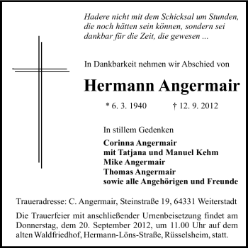 Traueranzeige von Hermann Angermair von Rüsselsheimer Echo, Groß-Gerauer-Echo, Ried Echo
