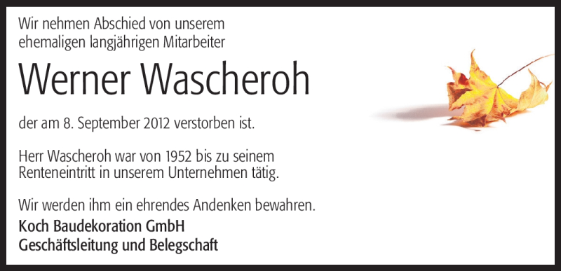  Traueranzeige für Werner Wascheroh vom 15.09.2012 aus Odenwälder Echo