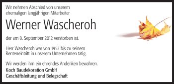Traueranzeige von Werner Wascheroh von Odenwälder Echo