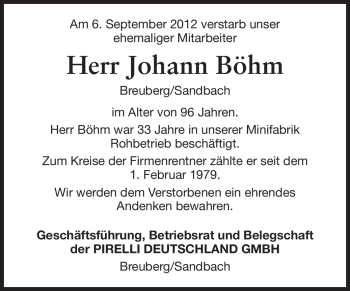 Traueranzeige von Johann Böhm von Odenwälder Echo
