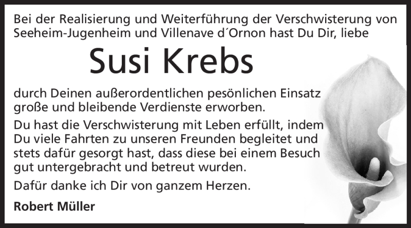  Traueranzeige für Susi Krebs vom 15.09.2012 aus Echo-Zeitungen (Gesamtausgabe)