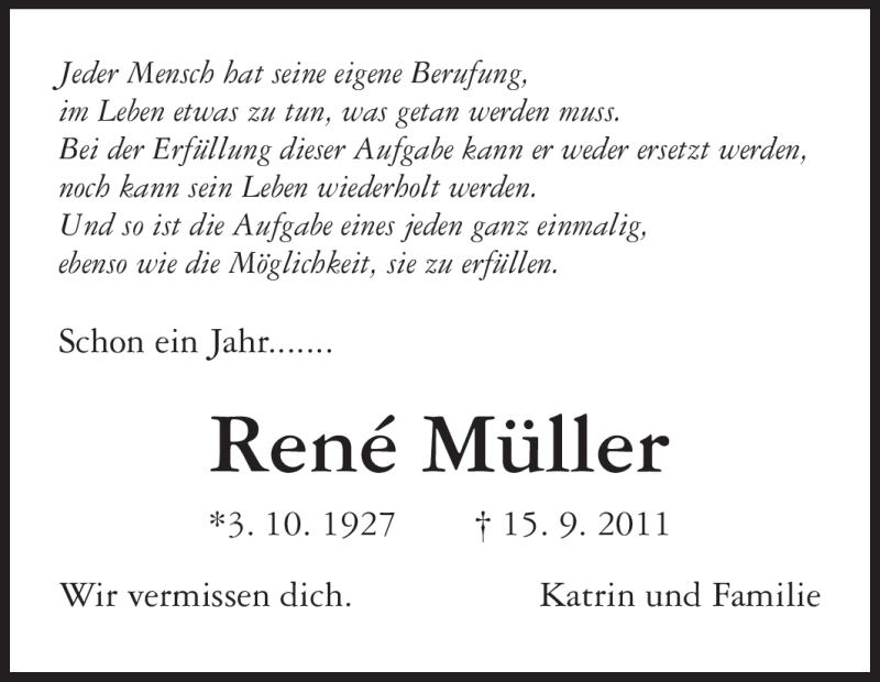  Traueranzeige für René Müller vom 15.09.2012 aus Starkenburger Echo