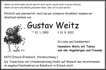Traueranzeige von Gustav Weitz von Odenwälder Echo