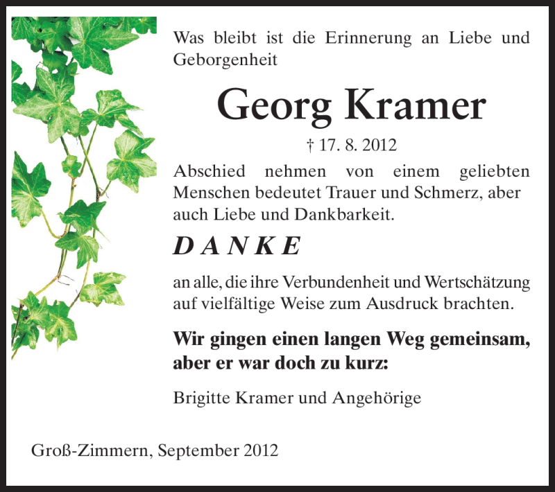  Traueranzeige für Georg Kramer vom 15.09.2012 aus Echo-Zeitungen (Gesamtausgabe)