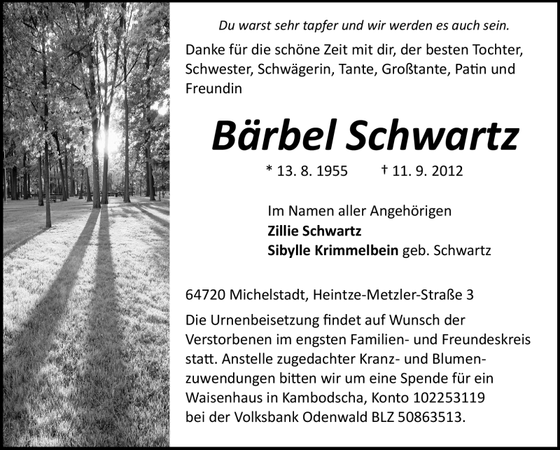  Traueranzeige für Bärbel Schwartz vom 15.09.2012 aus Odenwälder Echo