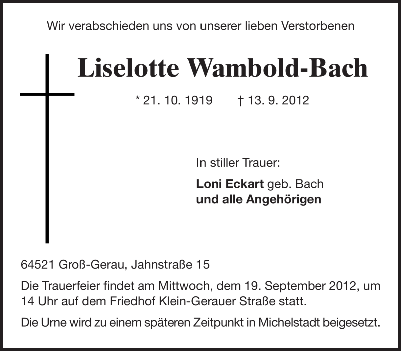 Traueranzeige für Lieselotte Wambold-Bach vom 15.09.2012 aus Rüsselsheimer Echo, Groß-Gerauer-Echo, Ried Echo