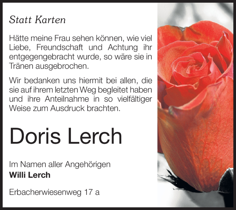  Traueranzeige für Doris Lerch vom 15.09.2012 aus Starkenburger Echo