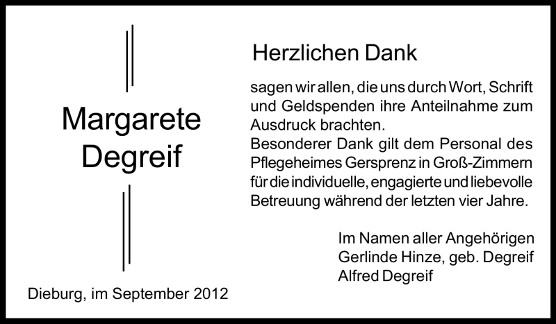  Traueranzeige für Margarete Degreif vom 15.09.2012 aus Echo-Zeitungen (Gesamtausgabe)