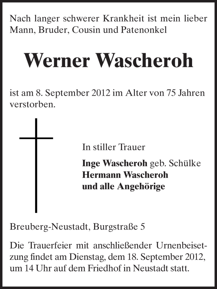  Traueranzeige für Werner Wascheroh vom 15.09.2012 aus Odenwälder Echo