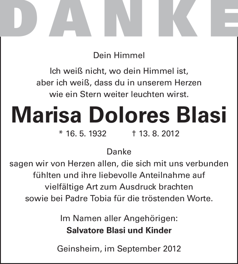  Traueranzeige für Marisa Dolores Blasi vom 17.09.2012 aus Rüsselsheimer Echo, Groß-Gerauer-Echo, Ried Echo