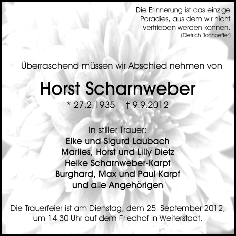  Traueranzeige für Horst Scharnweber vom 15.09.2012 aus Echo-Zeitungen (Gesamtausgabe)