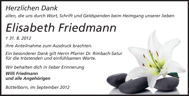  Traueranzeige für Elisabeth Friedmann vom 18.09.2012 aus Rüsselsheimer Echo, Groß-Gerauer-Echo, Ried Echo