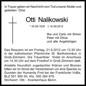 Traueranzeige von Otti Nalikowski von Echo-Zeitungen (Gesamtausgabe)