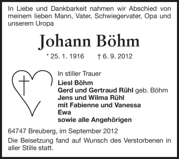 Traueranzeige von Johann Böhm von Odenwälder Echo