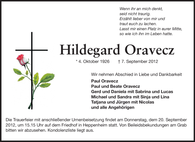  Traueranzeige für Hildegard Oravecz vom 17.09.2012 aus Starkenburger Echo