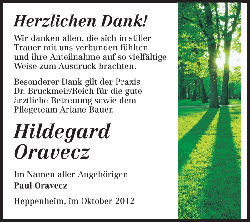  Traueranzeige für Hildegard Oravecz vom 04.10.2012 aus Starkenburger Echo