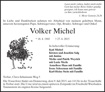 Traueranzeige von Volker Michel von Rüsselsheimer Echo, Groß-Gerauer-Echo, Ried Echo