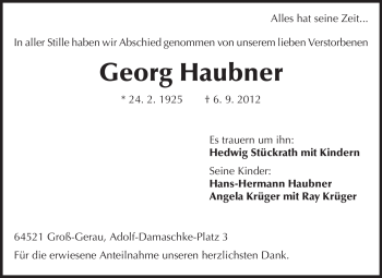 Traueranzeige von Georg Haubner von Rüsselsheimer Echo, Groß-Gerauer-Echo, Ried Echo