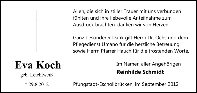  Traueranzeige für Eva Koch vom 19.09.2012 aus Echo-Zeitungen (Gesamtausgabe)