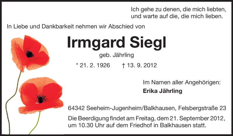  Traueranzeige für Irmgard Siegl vom 19.09.2012 aus Echo-Zeitungen (Gesamtausgabe)