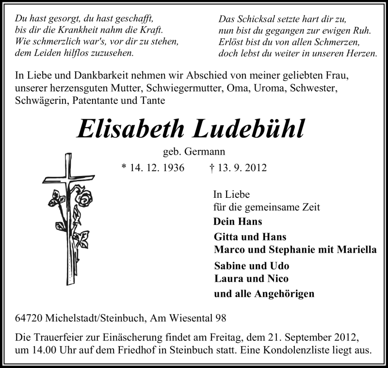  Traueranzeige für Elisabeth Ludebühl vom 18.09.2012 aus Odenwälder Echo