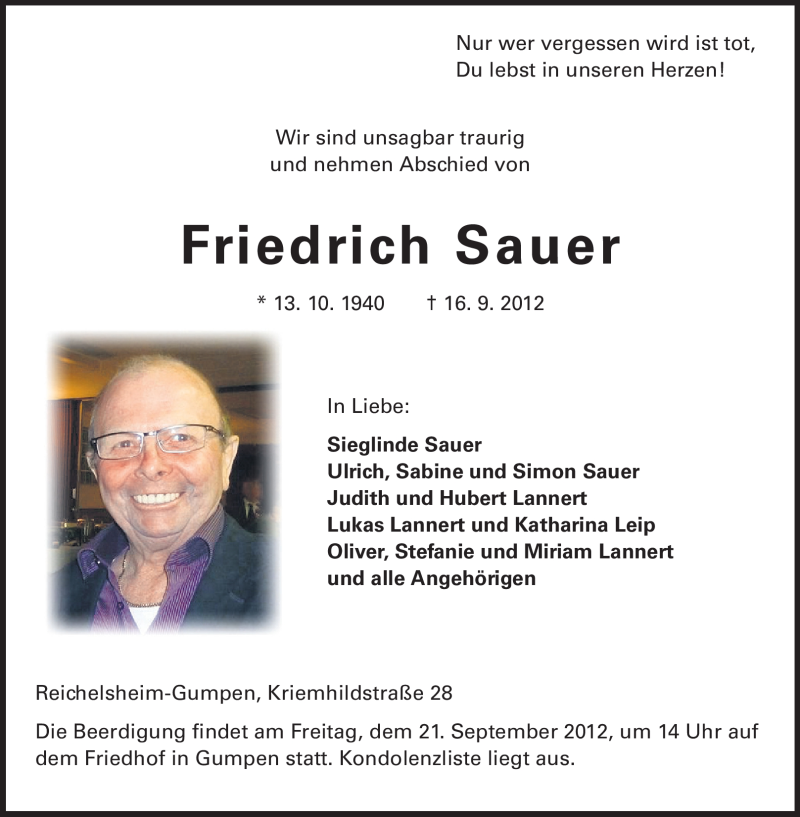 Traueranzeige für Friedrich Sauer vom 19.09.2012 aus Odenwälder Echo