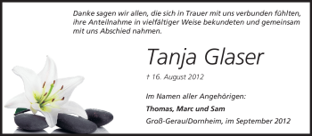 Traueranzeige von Tanja Glaser von Rüsselsheimer Echo, Groß-Gerauer-Echo, Ried Echo