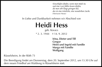 Traueranzeige von Heidi Hess von Rüsselsheimer Echo, Groß-Gerauer-Echo, Ried Echo