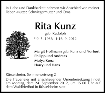 Traueranzeige von Rita Kunz von Rüsselsheimer Echo, Groß-Gerauer-Echo, Ried Echo