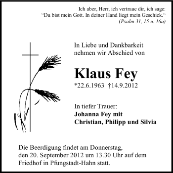 Traueranzeige von Klaus Fey von Echo-Zeitungen (Gesamtausgabe)