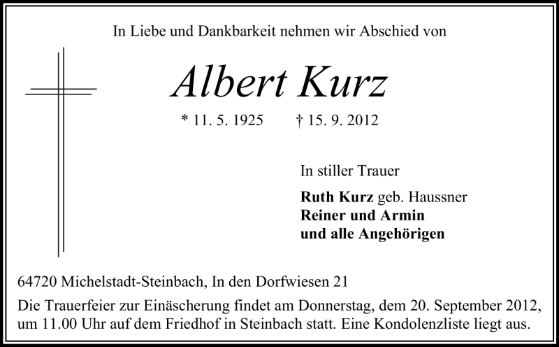  Traueranzeige für Albert Kurz vom 18.09.2012 aus Odenwälder Echo