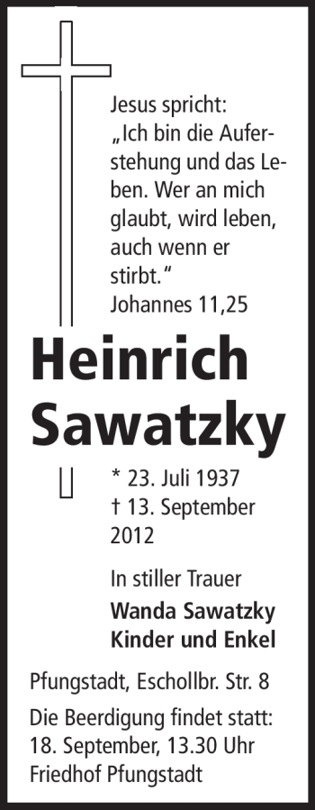 Traueranzeige von Heinrich Sawatzky von Echo-Zeitungen (Gesamtausgabe)