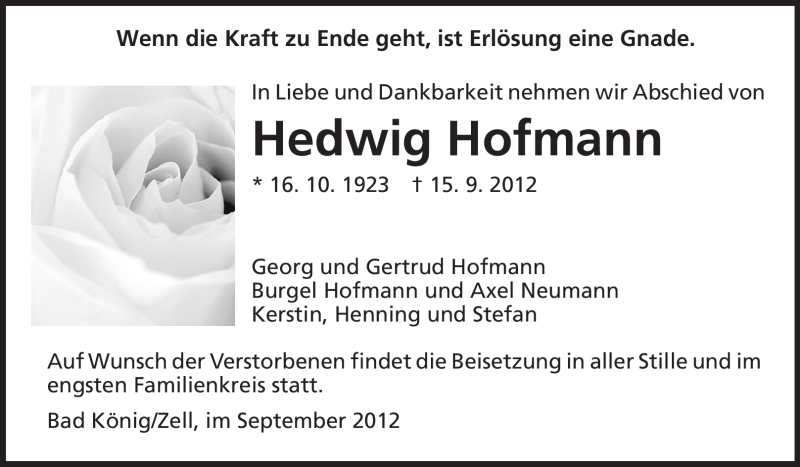  Traueranzeige für Hedwig Hofmann vom 19.09.2012 aus Odenwälder Echo