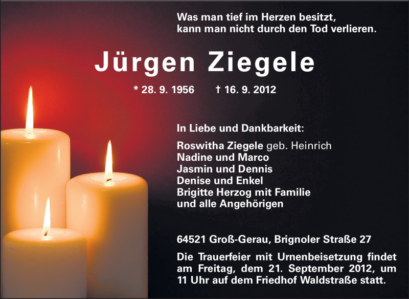  Traueranzeige für Jürgen Ziegele vom 19.09.2012 aus Rüsselsheimer Echo, Groß-Gerauer-Echo, Ried Echo