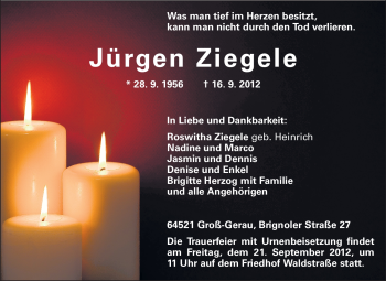 Traueranzeige von Jürgen Ziegele von Rüsselsheimer Echo, Groß-Gerauer-Echo, Ried Echo