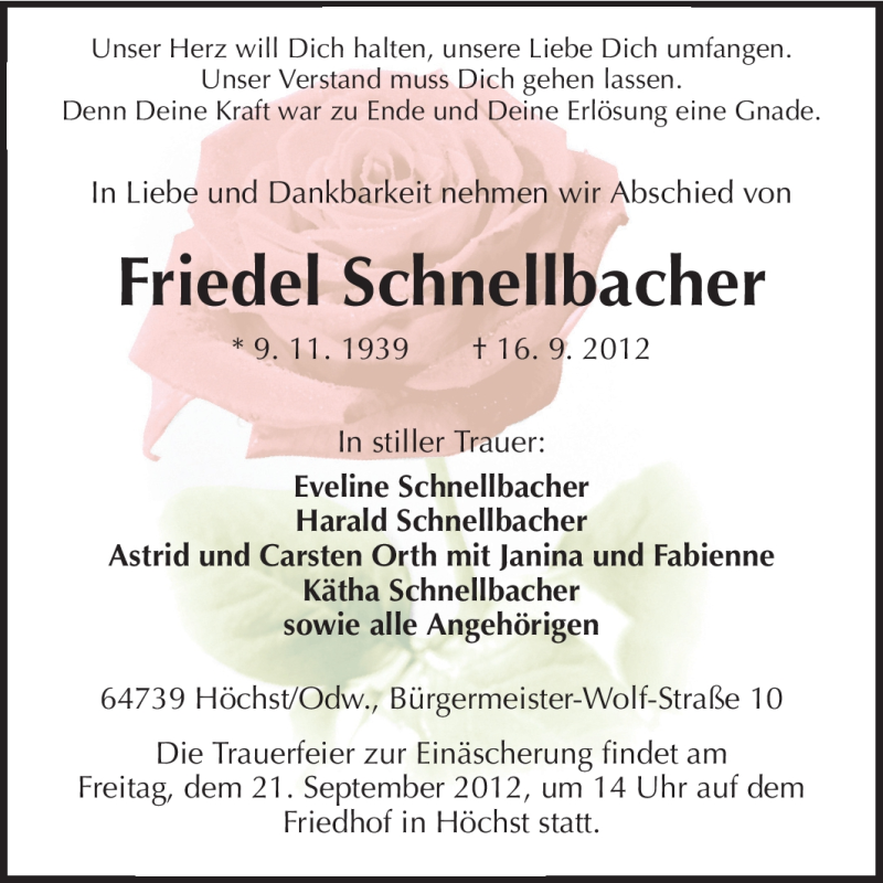  Traueranzeige für Friedel Schnellbacher vom 19.09.2012 aus Odenwälder Echo