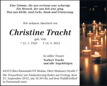Traueranzeige von Christine Tracht von Echo-Zeitungen (Gesamtausgabe)