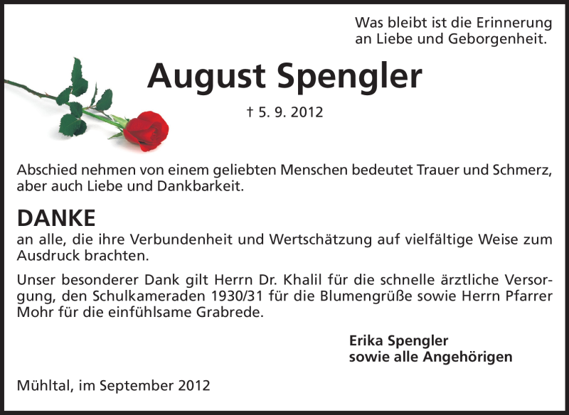  Traueranzeige für August Spengler vom 22.09.2012 aus Echo-Zeitungen (Gesamtausgabe)