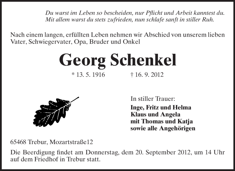  Traueranzeige für Georg Schenkel vom 19.09.2012 aus Rüsselsheimer Echo, Groß-Gerauer-Echo, Ried Echo