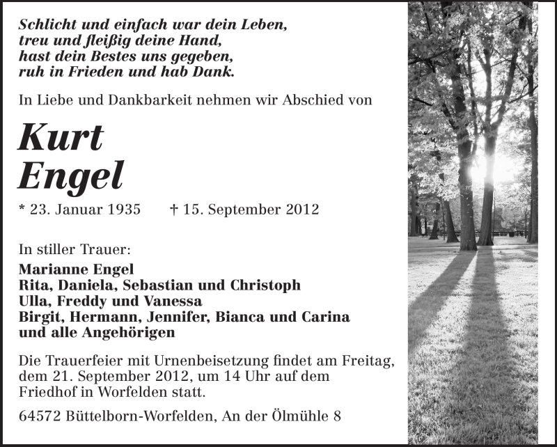 Traueranzeige für Kurt Engel vom 19.09.2012 aus Rüsselsheimer Echo, Groß-Gerauer-Echo, Ried Echo