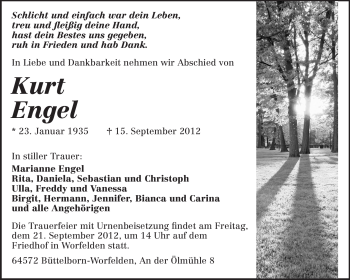 Traueranzeige von Kurt Engel von Rüsselsheimer Echo, Groß-Gerauer-Echo, Ried Echo