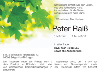 Traueranzeige von Peter Raiß von Rüsselsheimer Echo, Groß-Gerauer-Echo, Ried Echo
