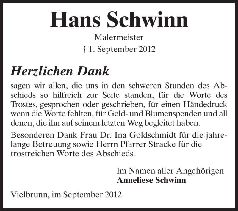  Traueranzeige für Hans Schwinn vom 22.09.2012 aus Odenwälder Echo
