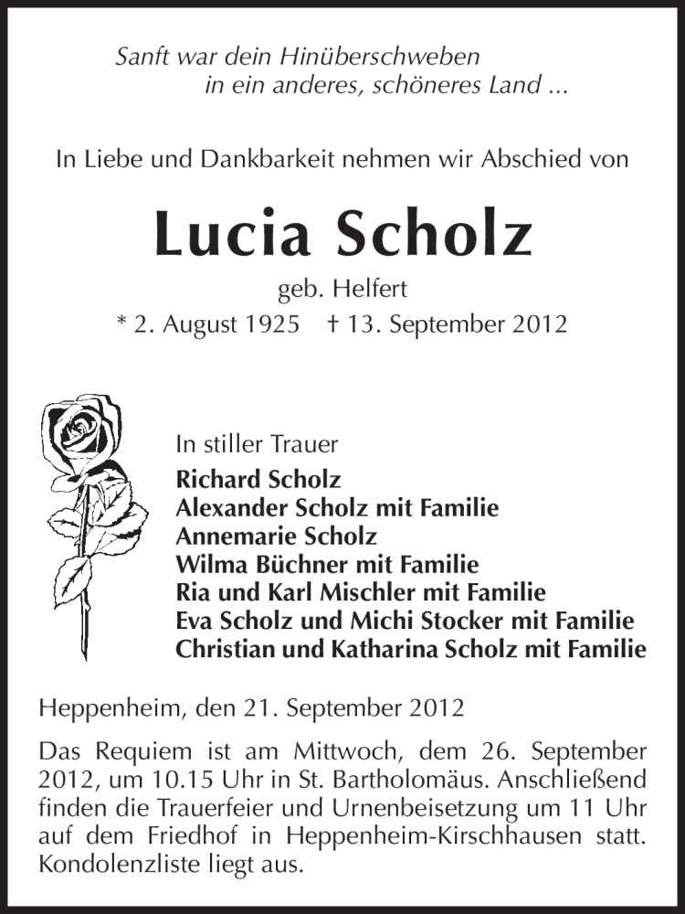  Traueranzeige für Lucia Scholz vom 21.09.2012 aus Starkenburger Echo