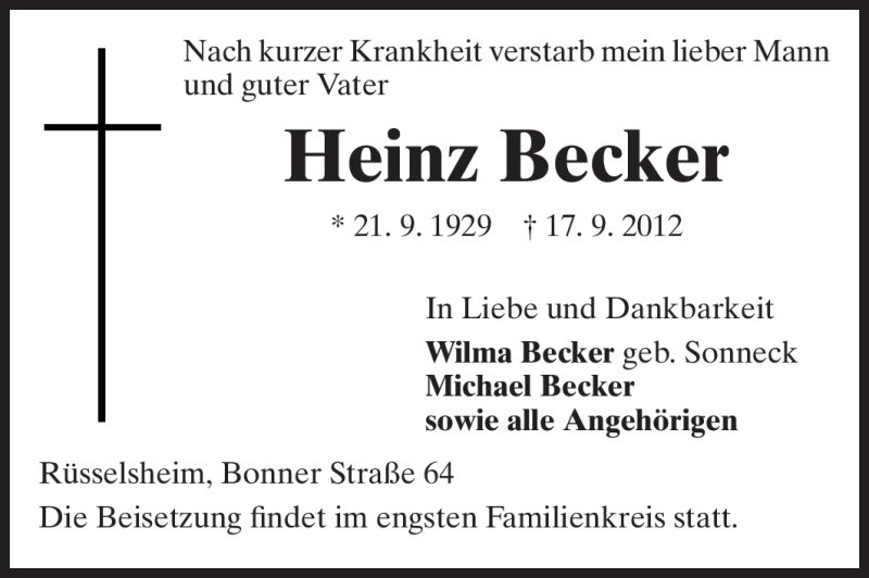  Traueranzeige für Heinz Becker vom 22.09.2012 aus Rüsselsheimer Echo, Groß-Gerauer-Echo, Ried Echo